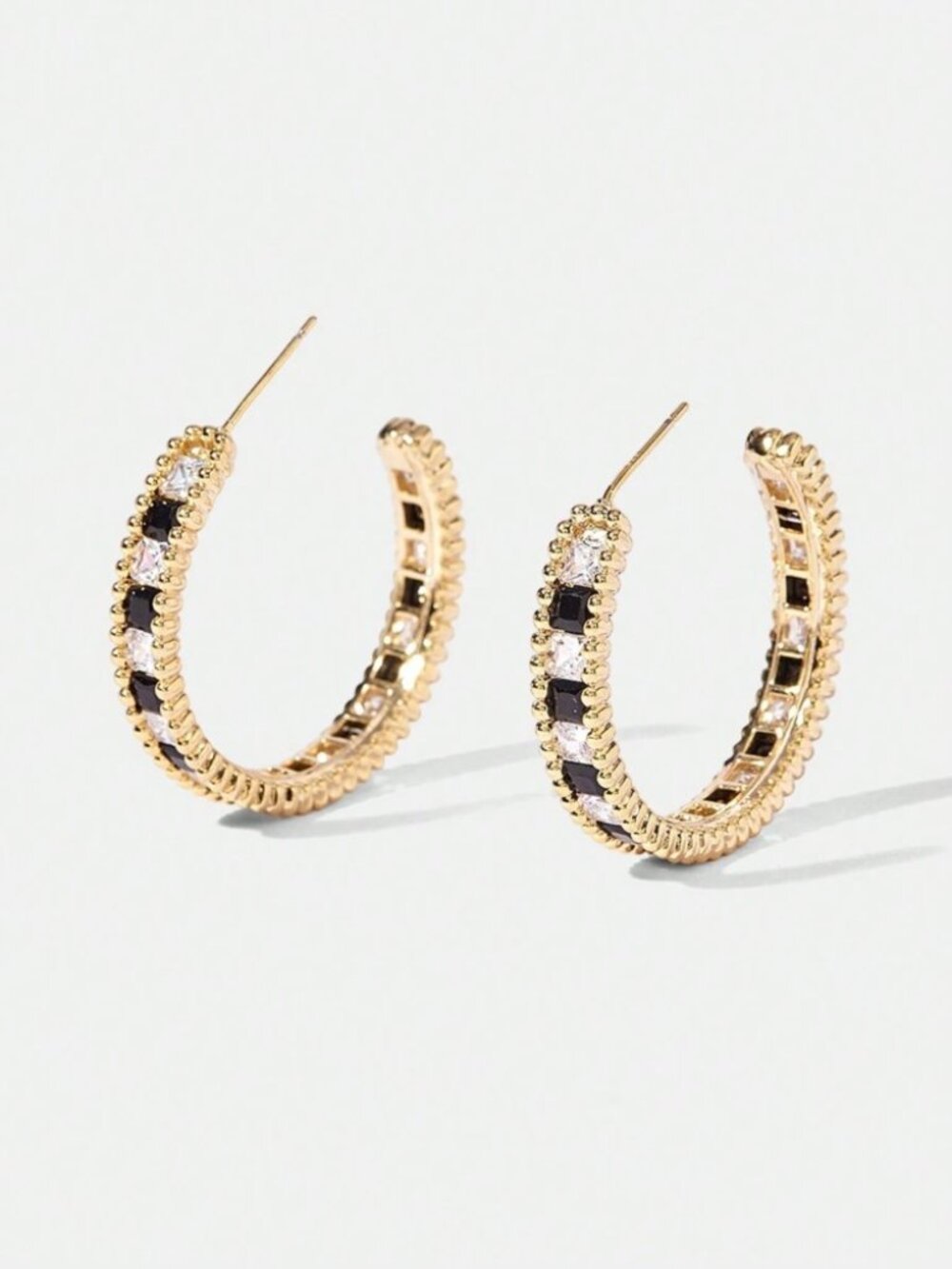 Gold Black and Crystal Clear Rhinestone Ribbed Hoop Earrings